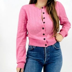 Free People Pink Long Sleeve Crewneck Button Front Cropped Cardigan Sweater